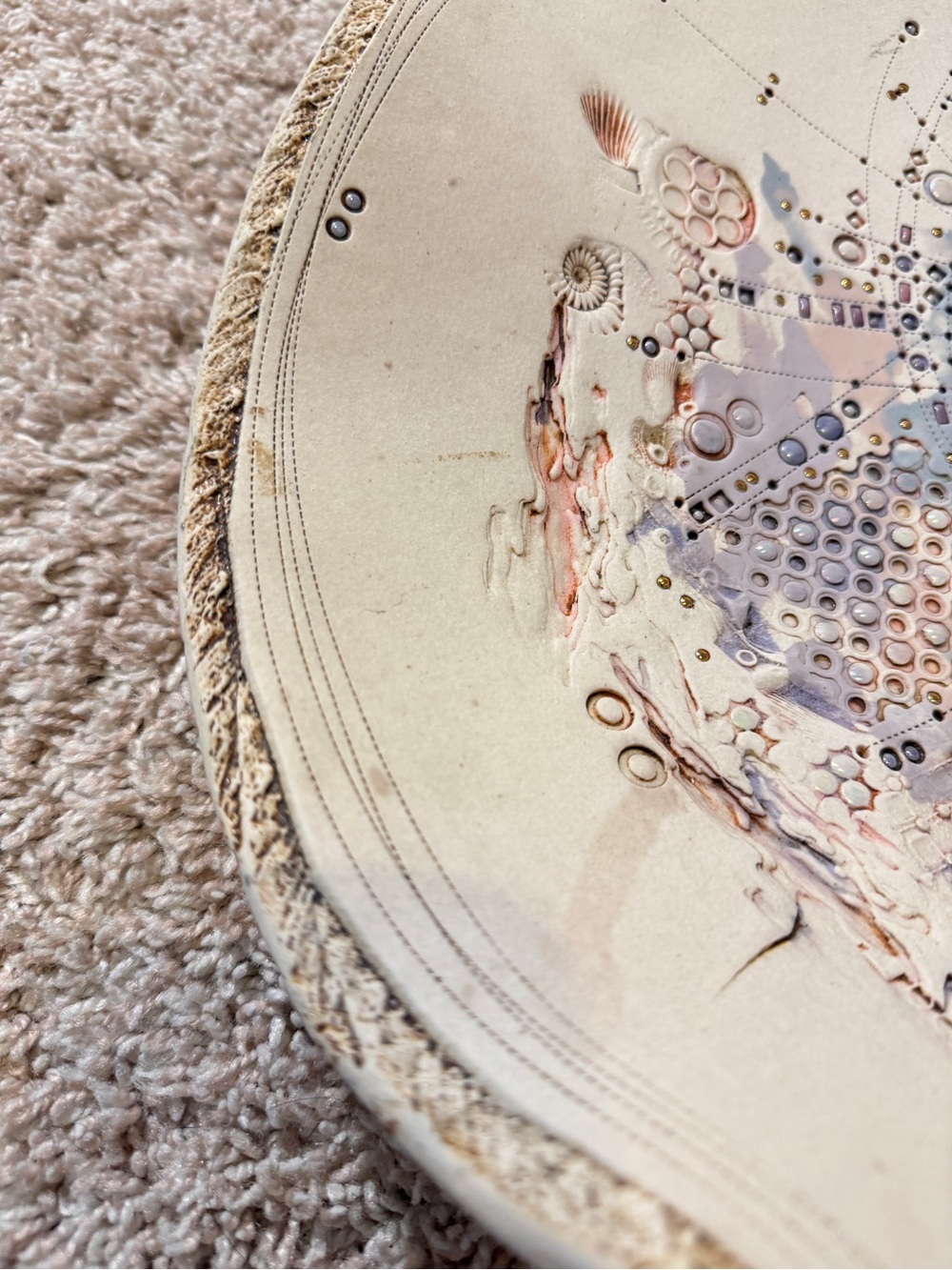 1980's Vintage Japanese Artistic Pearl Inlay Decorative Pottery Plate/Tray 17” - Picture 15 of 16